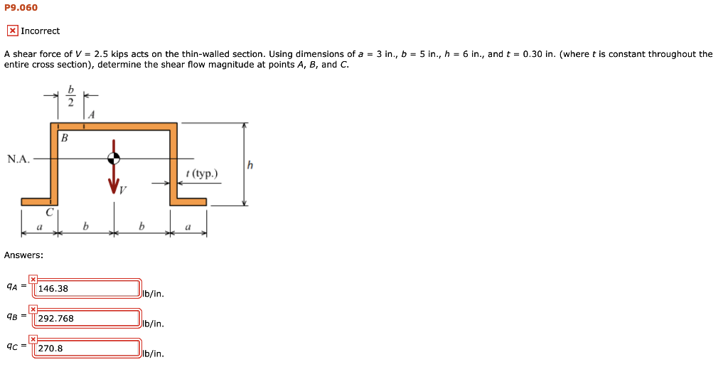 Solved P9.060 X Incorrect A shear force of V = 2.5 kips acts | Chegg.com