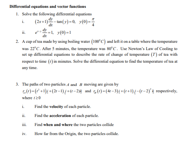 Solved Differential equations and vector functions 1. Solve | Chegg.com