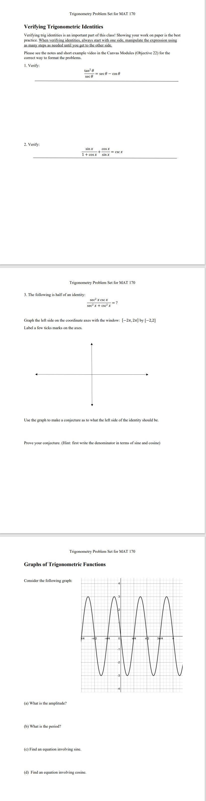 Solved Trigonometry Problem Set for MAT 170 Verifying | Chegg.com