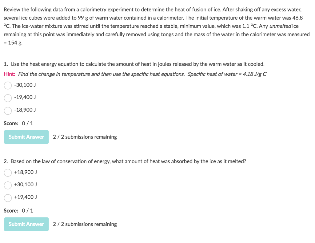 Solved Review the following data from a calorimetry