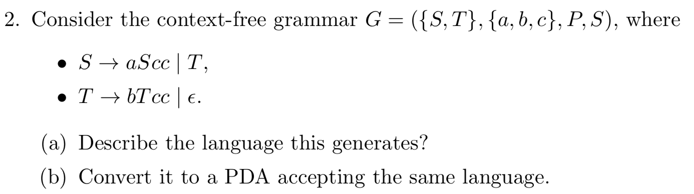 Solved 2. Consider the context-free grammar G = ({S, T}, | Chegg.com