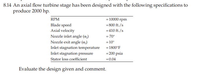 Solved 8.14 An axial flow turbine stage has been designed | Chegg.com