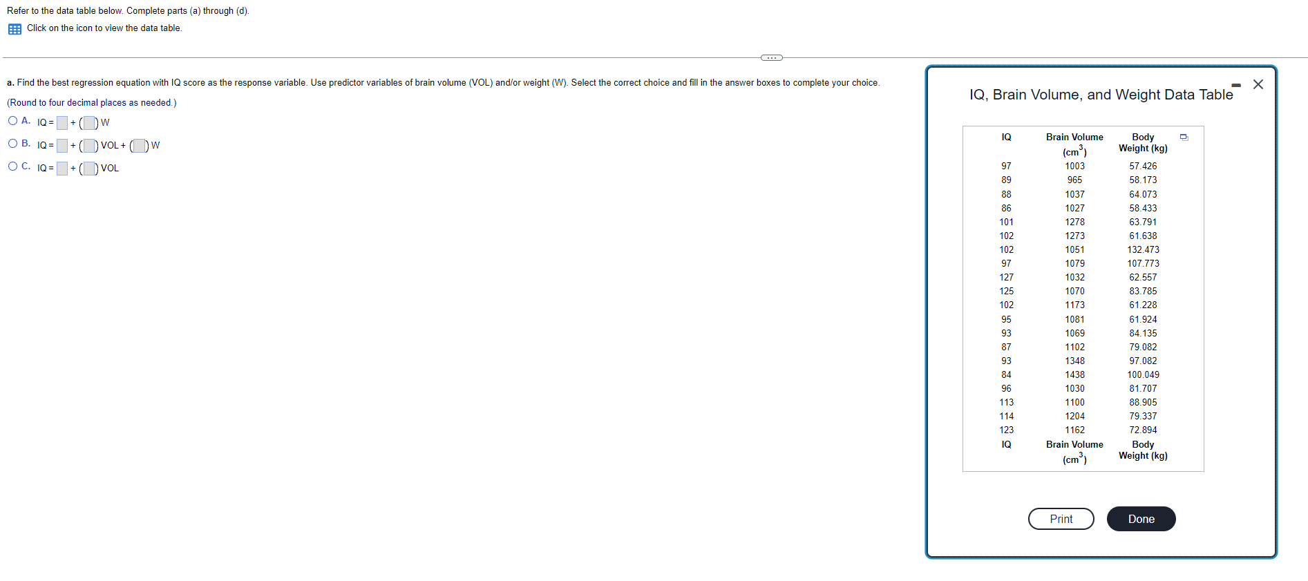 Solved Refer to the data table below. Complete parts (a) | Chegg.com