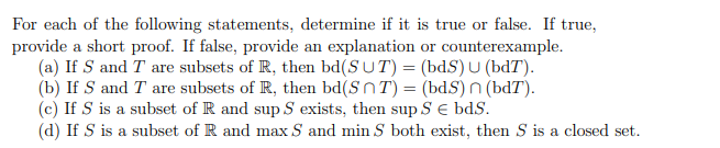 Solved For each of the following statements, determine if it | Chegg.com