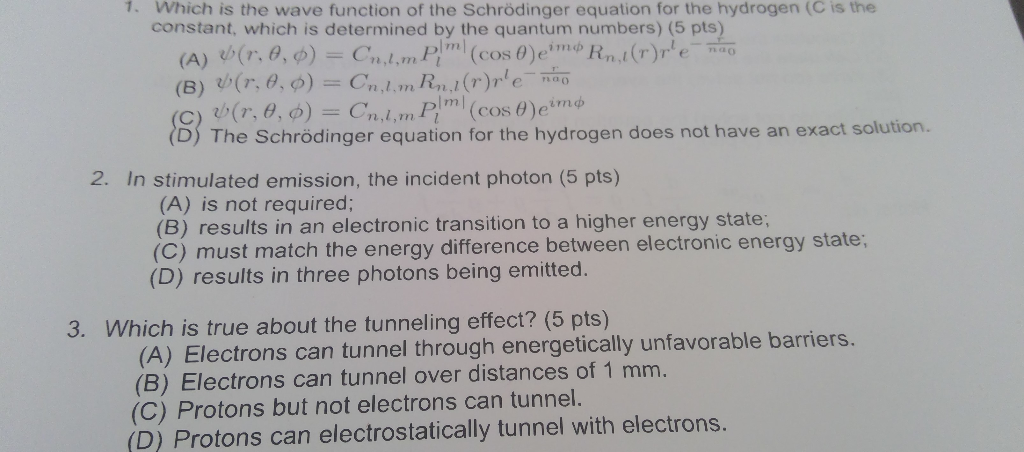 Solved 1. Which is the wave function of the Schrödinger | Chegg.com