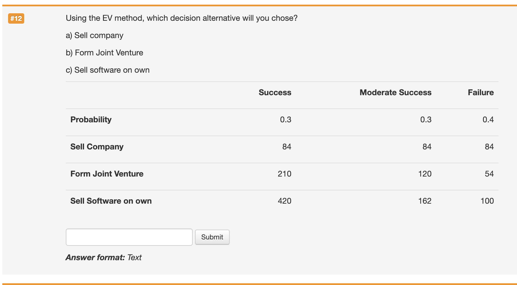 Solved #12 Using the EV method, which decision alternative | Chegg.com