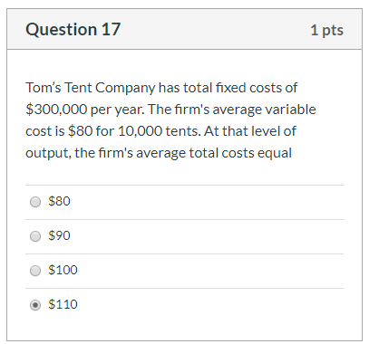 Solved Question 17 1 pts Tom's Tent Company has total fixed | Chegg.com