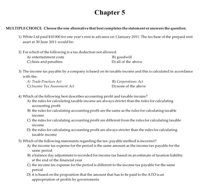 Chapter 5 MULTIPLE CHOICE. Choose The One Alternative | Chegg.com