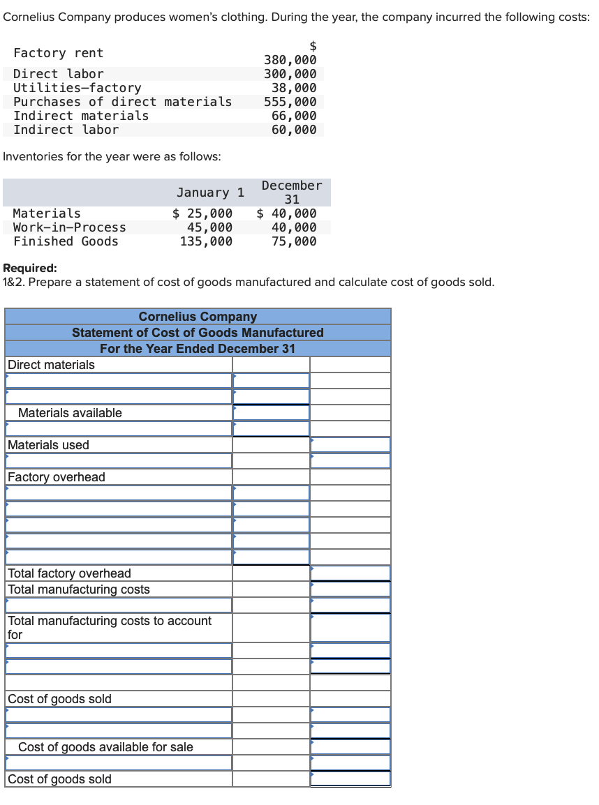 Solved Cornelius Company Produces Women's Clothing. During 