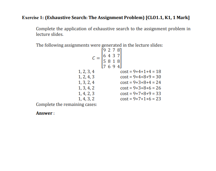 assignment problem using exhaustive search