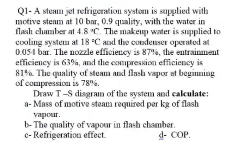 Solved Q1 A steam jet refrigeration system is supplied with