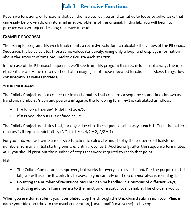 Solved Lab 3 – Recursive Functions Recursive functions, or | Chegg.com