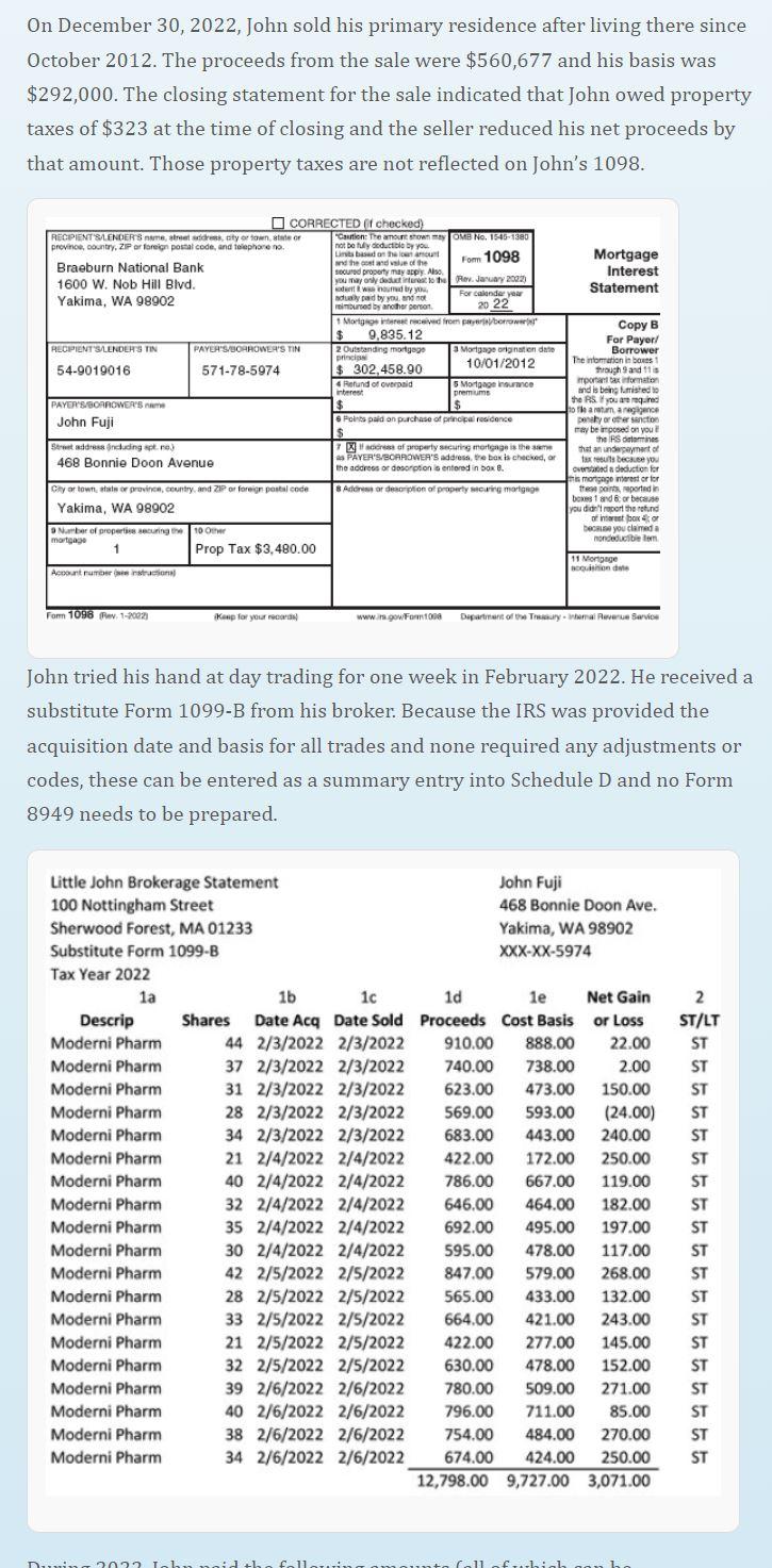 Prepare forms 1040, Schedule 1, Schedule A, Schedule | Chegg.com