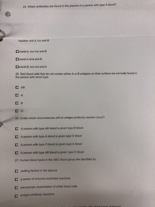 Solved 24. Which antibodies are found in the plasma of a