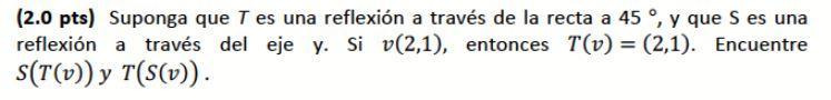 (2.0 pts) Suponga que T es una reflexión a través de la recta a 45 °, y que S es una reflexión a través del eje y. Si v(2,1),