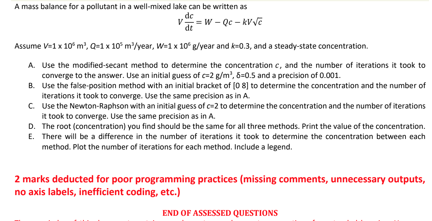 Solved A Mass Balance For A Pollutant In A Well Mixed Lak Chegg Com