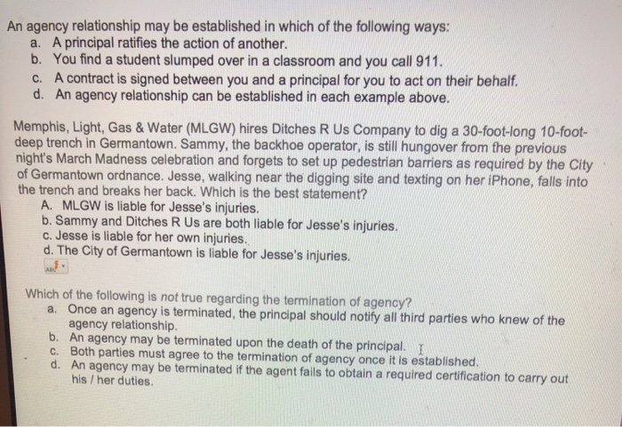 Solved An agency relationship may be established in which of | Chegg.com