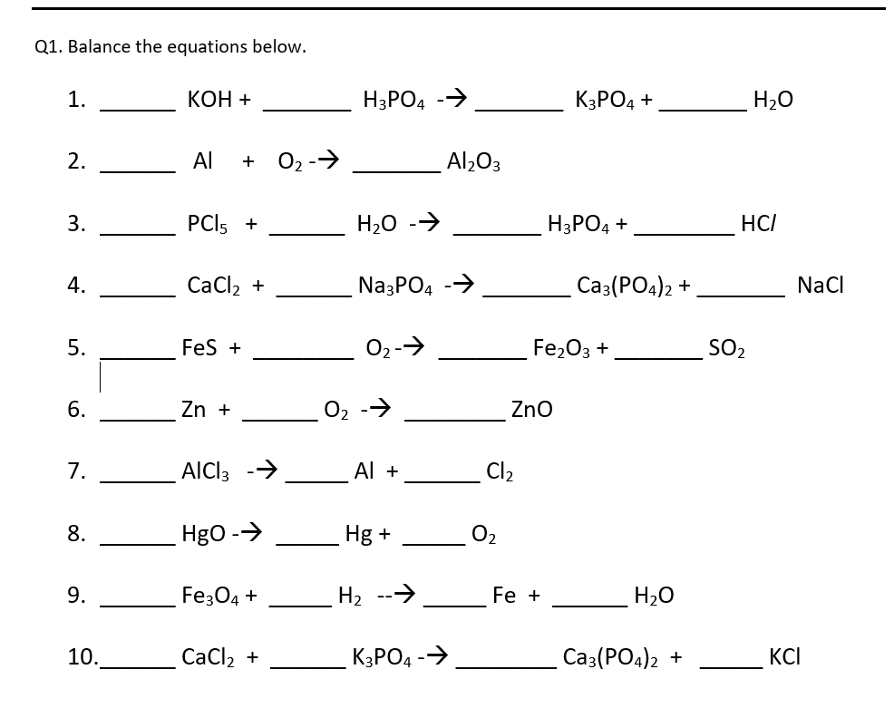 Solved Q1. Balance the equations below. 1. KOH + H3PO4 → | Chegg.com