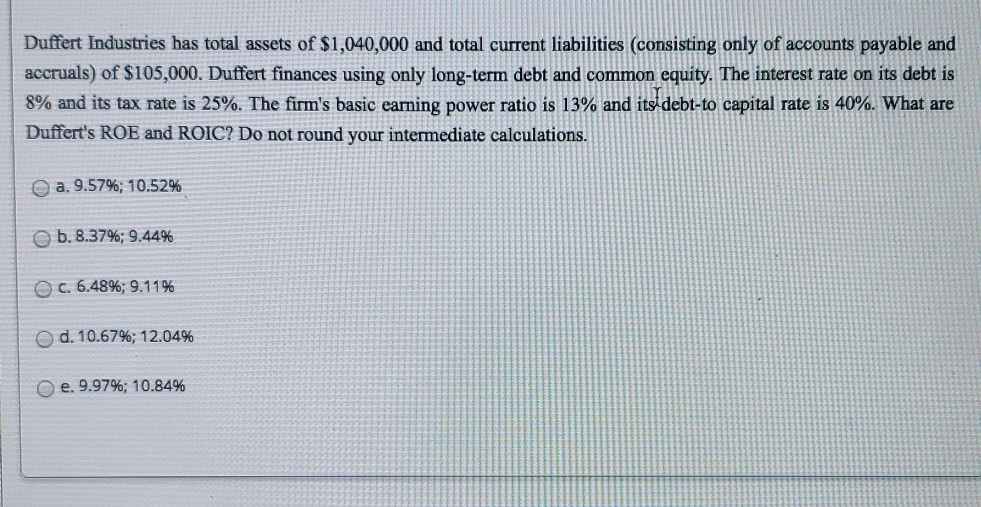 Solved Duffert Industries has total assets of 1,040,000 and