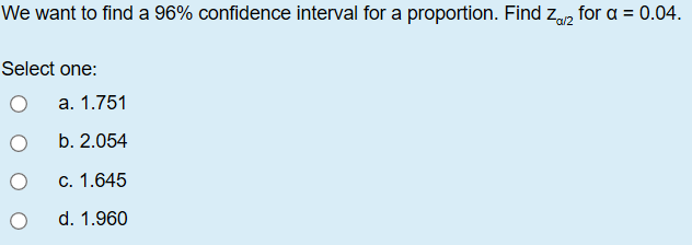 Solved We want to find a 96% confidence interval for a | Chegg.com