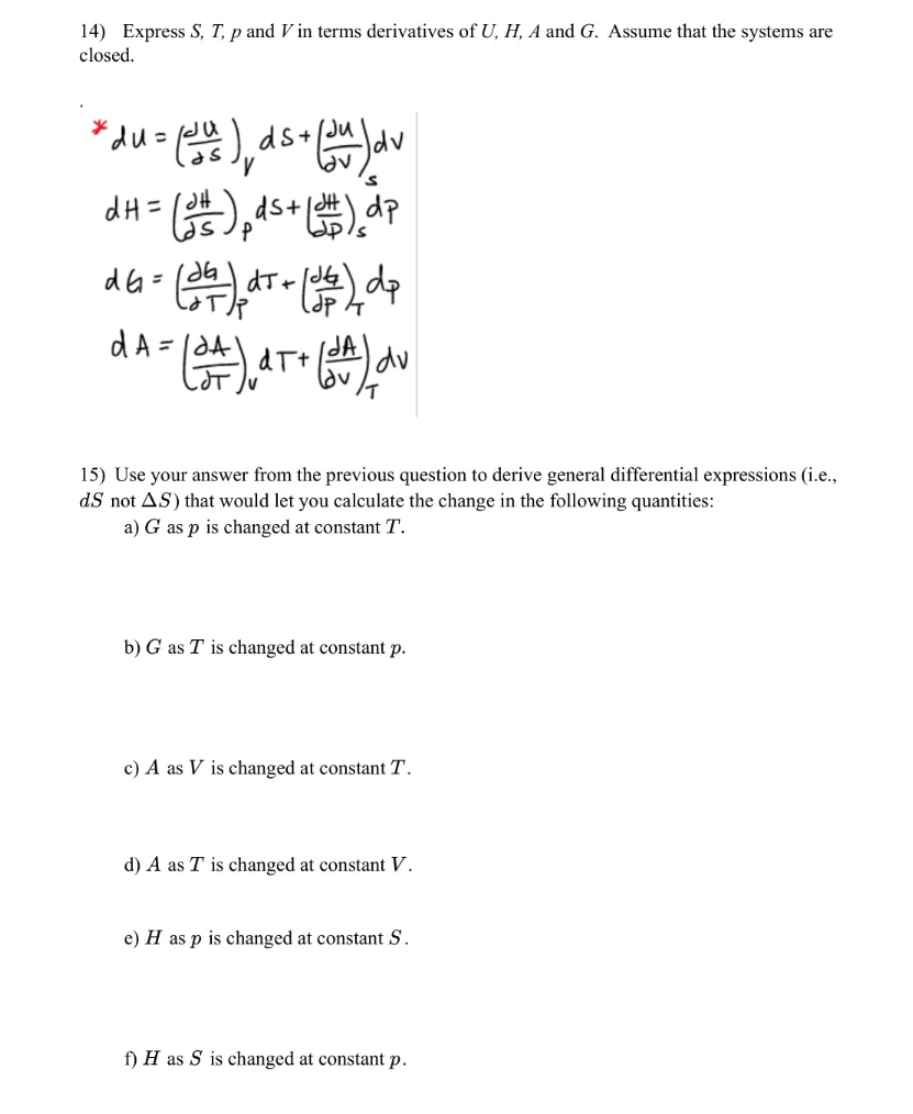 Solved 14 Express S T P And V In Terms Derivatives Of Chegg Com
