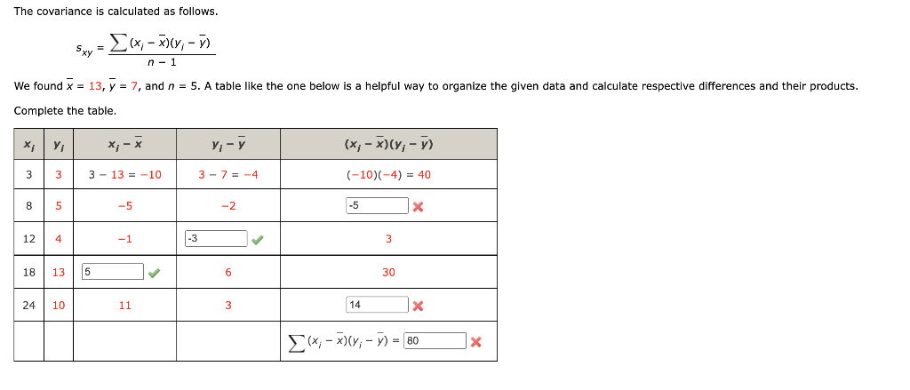 The covariance is calculated as follows.
\[
s_{x y}=\frac{\sum\left(x_{i}-\bar{x}\right)\left(y_{j}-\bar{y}\right)}{n-1}
\]
W