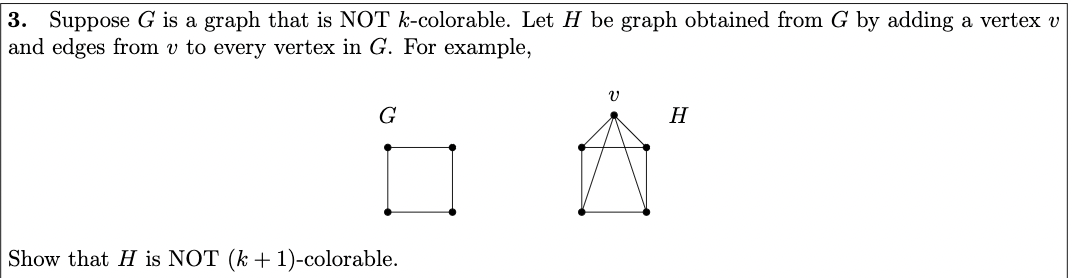 Solved 3. Suppose G is a graph that is NOT k-colorable. Let | Chegg.com