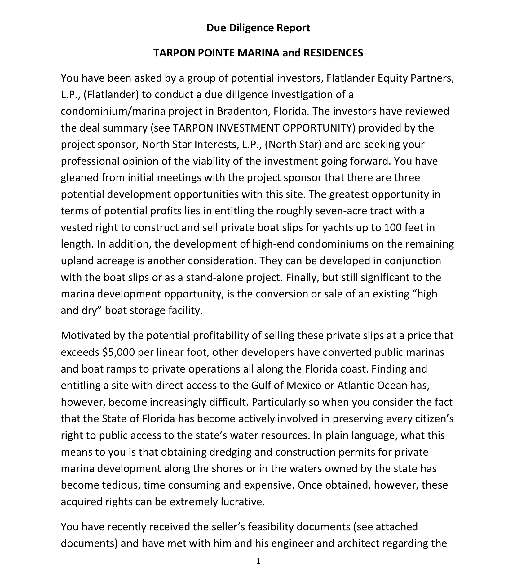 Solved Due Diligence Report TARPON POINTE MARINA and