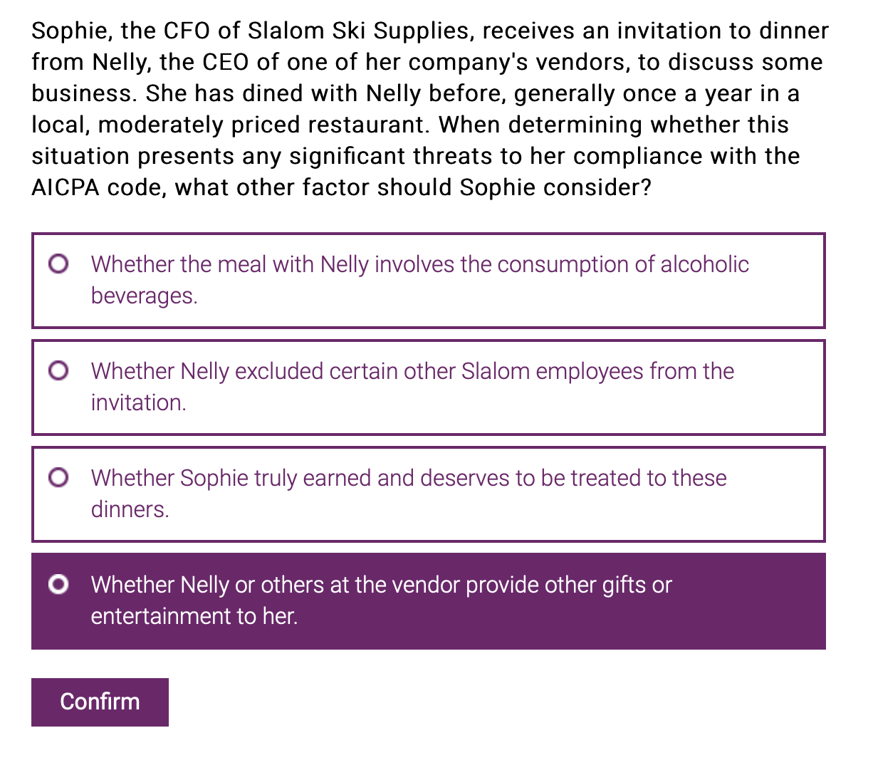 Sophie, the CFO of Slalom Ski Supplies, receives an