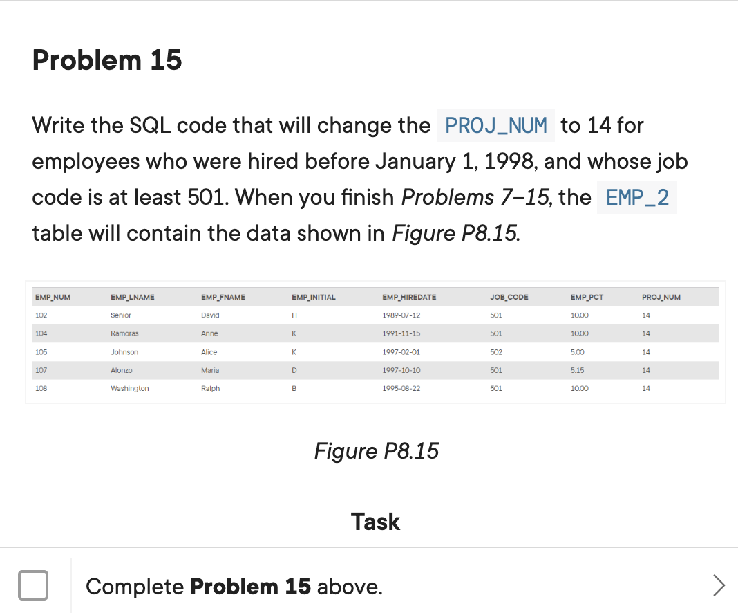 Solved Write the SQL code to change the job code to 501 for | Chegg.com