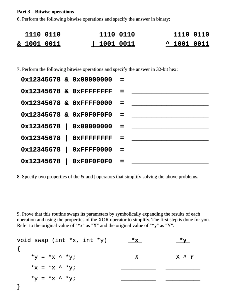 Part 3 - Bitwise Operations 6. Perform The Following | Chegg.com