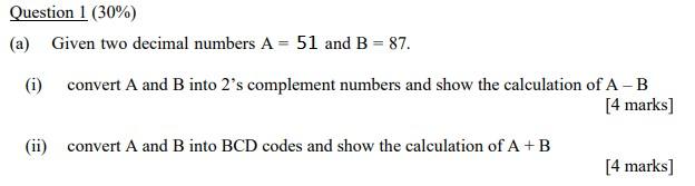 Solved Question 1(30%) (a) Given Two Decimal Numbers A=51 | Chegg.com