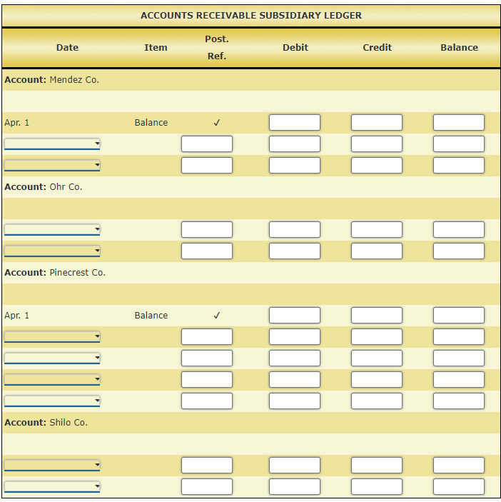 ACCOUNTS RECEIVABLE SUBSIDIARY LEDGER
\begin{tabular}{|ccc}
\hline Date & Item & Post. \\
Account: Mendez Co. & Ref. \\
Apr. 