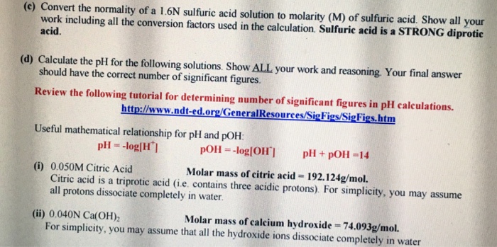 Solved c convert the normality of a 1 6n sulfuric acid chegg