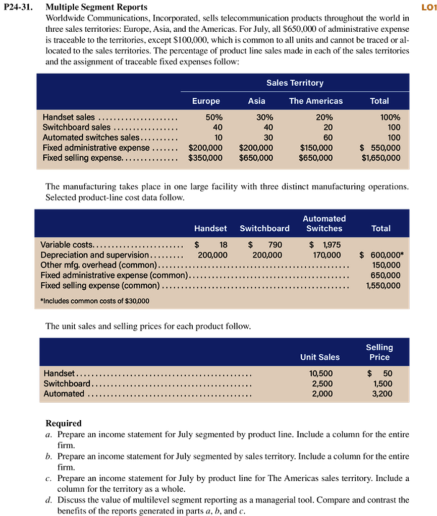 Solved P24-3. Multiple Segment Reports LO1 Worldwide | Chegg.com