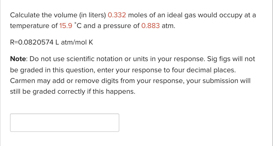 Solved Calculate the volume (in liters) 0.332 moles of an | Chegg.com