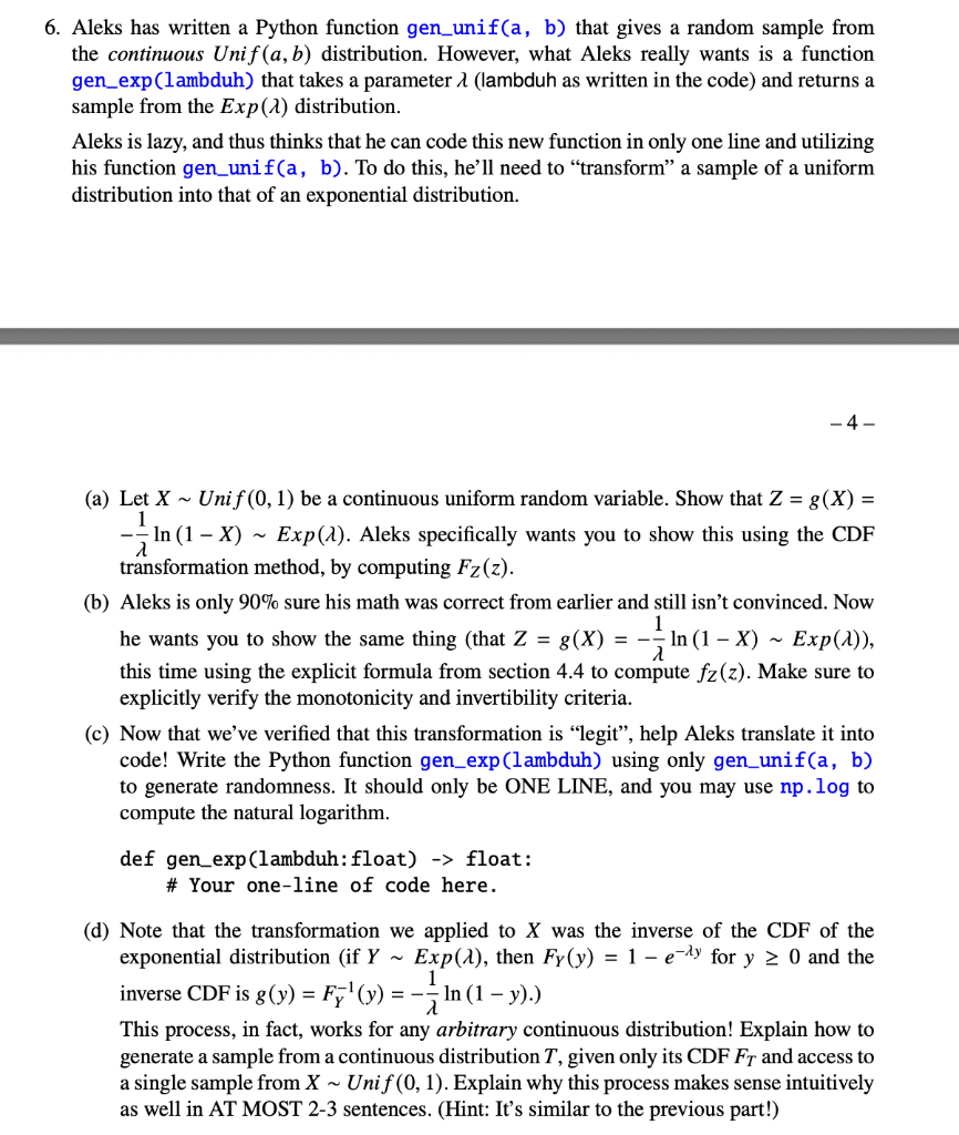 6. Aleks has written a Python function gen_unif(a, b) | Chegg.com