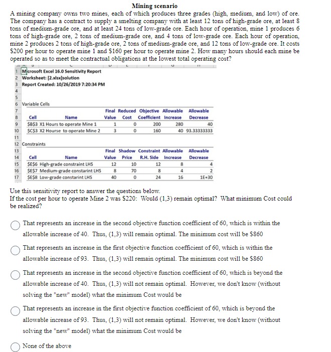 Solved Mining scenario A mining company owns two mines, each | Chegg.com
