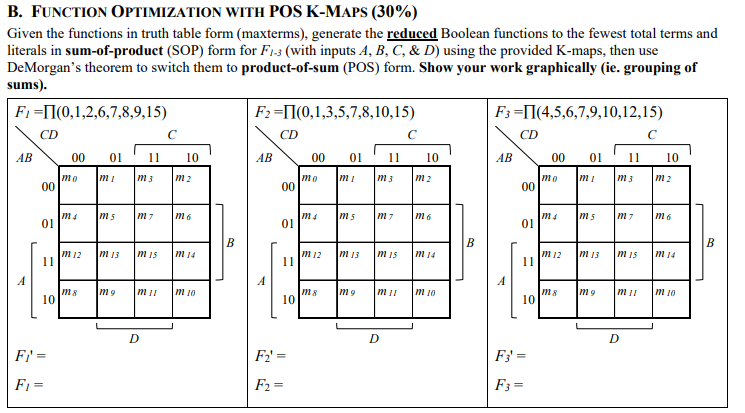 Solved B. Function Optimization With Pos K-maps (30\%) Given 