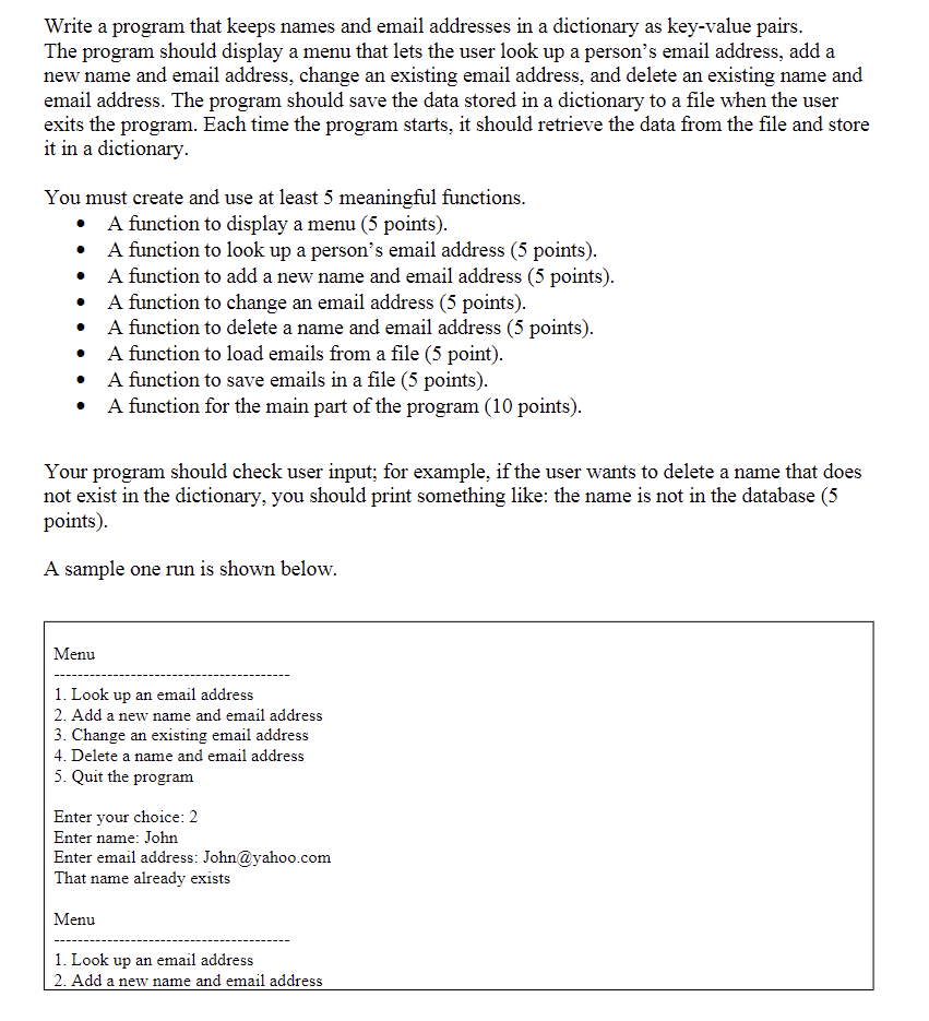 Solved Write A Program That Keeps Names And Email Addresses Chegg