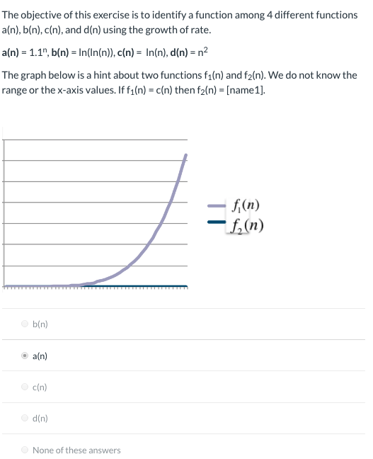 The objective of this exercise is to identify a function among 4 different functions a(n), b(n), cín), and d(n) using the gro