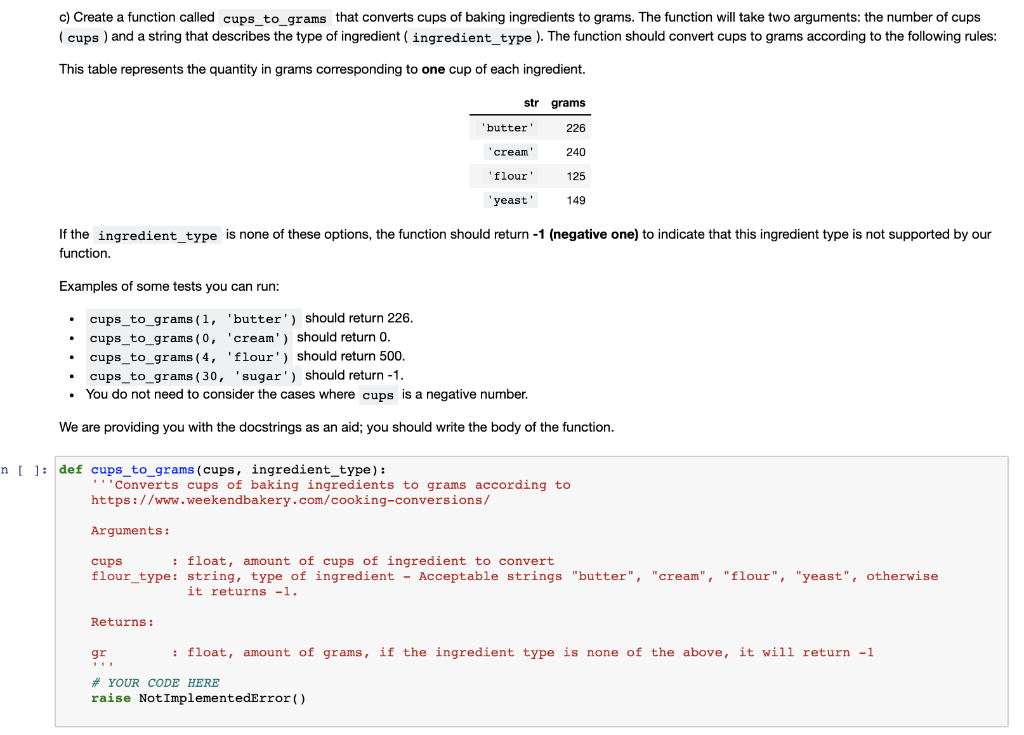 C Create A Function Called Cups To Grams That Chegg Com