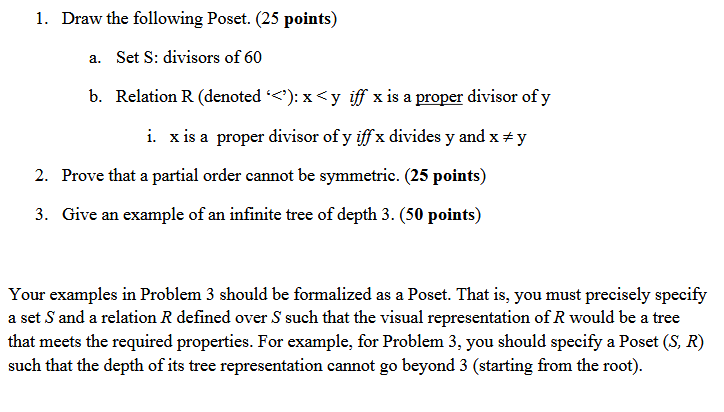 Solved 1. Draw the following Poset. (25 points) a. Set S: | Chegg.com
