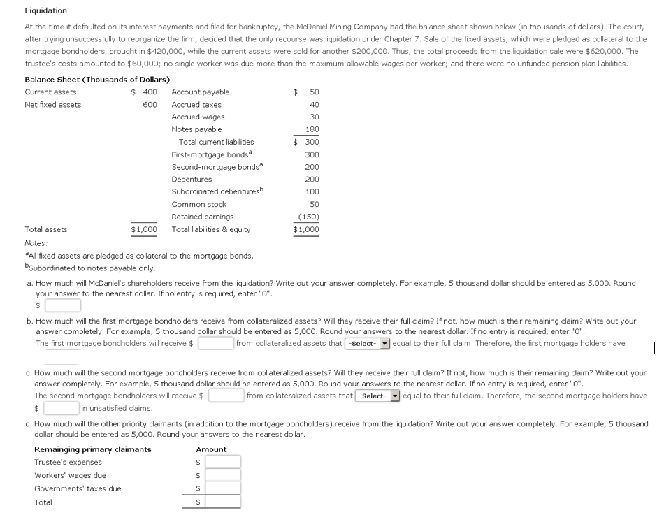 Solved Liquidation At the time it defaulted on its interest | Chegg.com