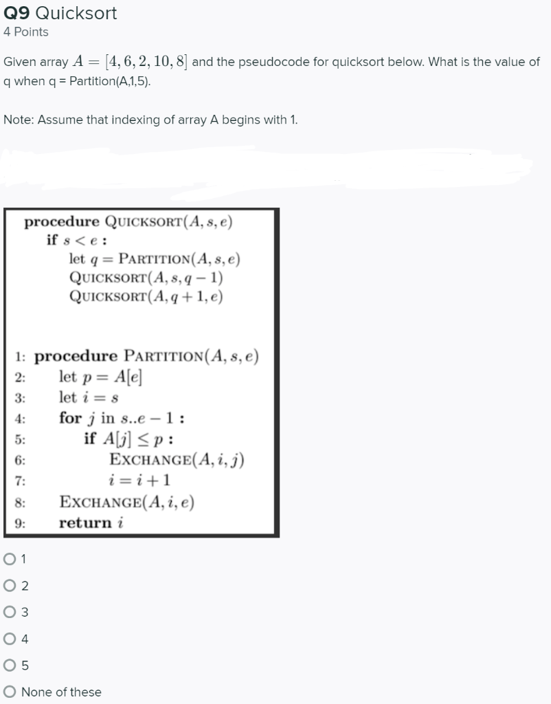 Q9 Quicksort 4 Points Given Array A 4 6 2 10 Chegg Com