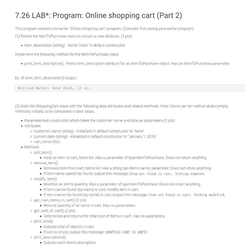 Solved 7.26 LAB*: Program: Online shopping cart (Part 2) | Chegg.com