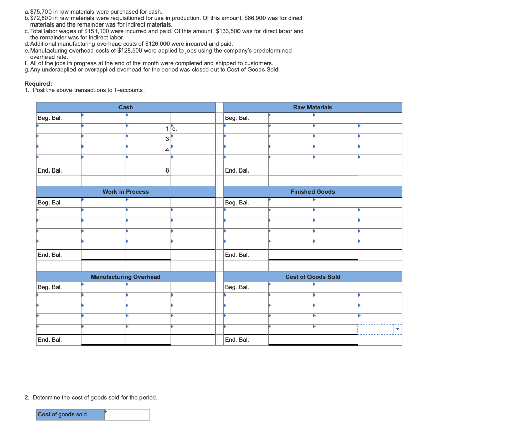 Solved a. 75,700 in raw materials were purchased for cash.