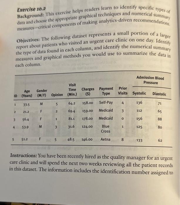 Exercise 10.2 Background: This exercise helps readers learn to identify specific types of data and choose the appropriate gra