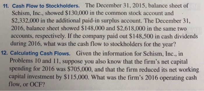 Solved 11 Cash Flow To Stockholders The December 31 2015 Chegg