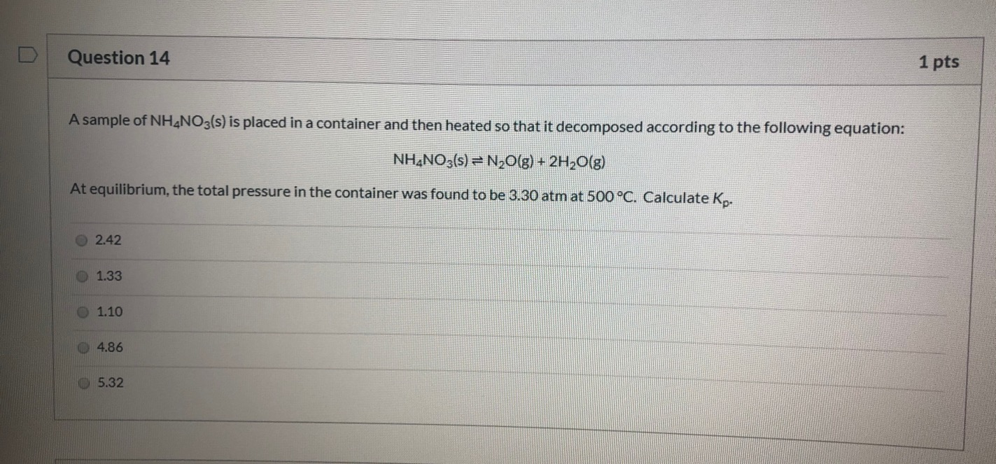 Solved Question 14 1 pts A sample of NH4NO3(s) is placed in